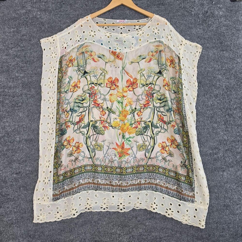 Johnny Was Blouse Large Silk Sheer Floral Kimono Tunic Eyelet Top Boho Hippie